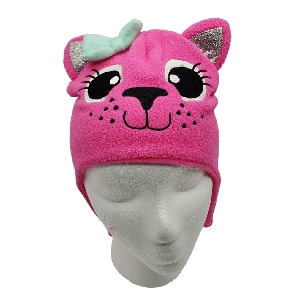 Cat Beanie Hat with Silver Glitter Ears with Hair Bow